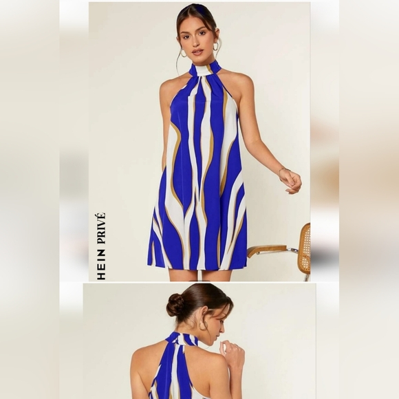 SHEIN Dresses & Skirts - Shein XL Collared Neck Royal Blue White Gold Dress